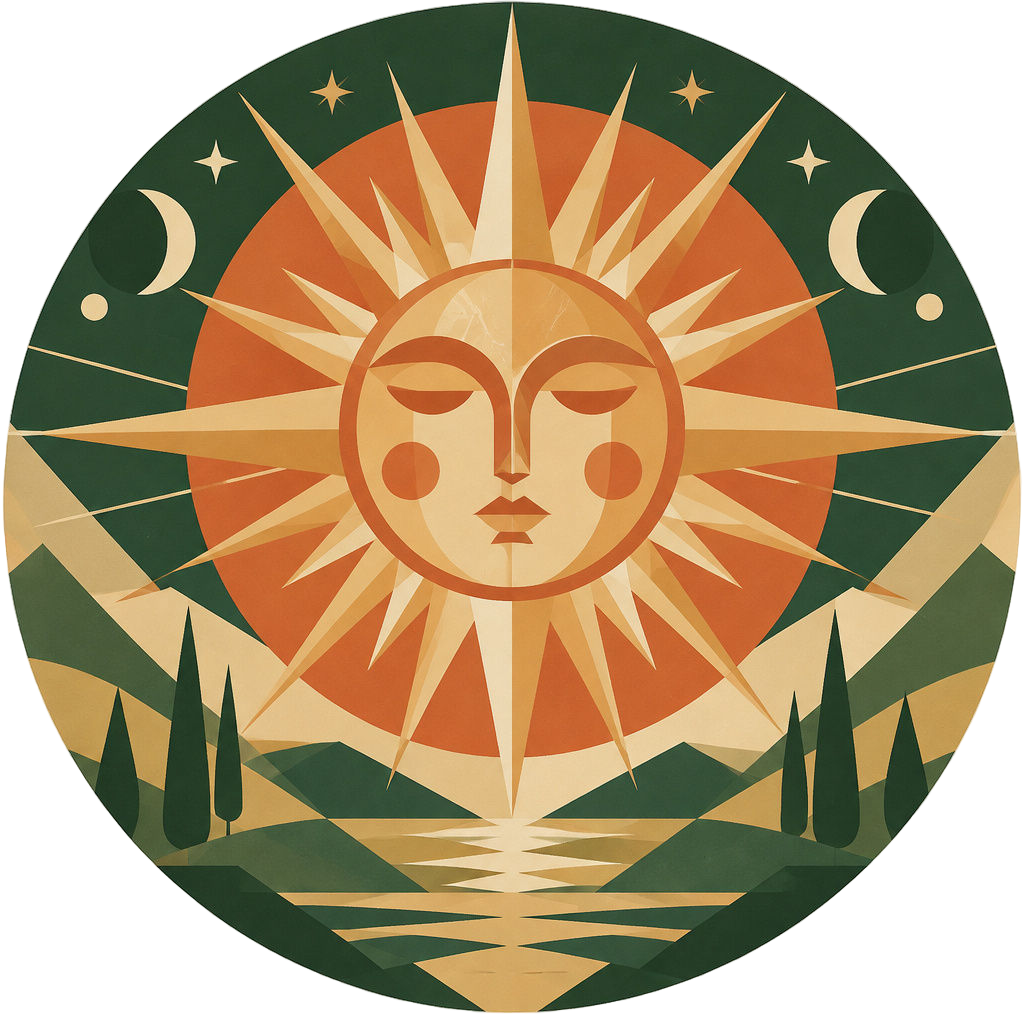 A serene sun with a peaceful face shining over rolling hills, cypress trees, and a winding stream